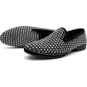 Men's Pointed Toe Rivet Loafers Plus Size Slip-On Loafers in Leather with Glitter and Modern Metallic Finish Black Slipon