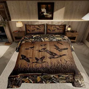 Kids Mallard Duck Bedding Set,Hunting Fishing Theme Comforter Set,for Boys Girls Teens Bedroom Decor Cabin Farmhouse Duvet Quilt Vintage Leaves