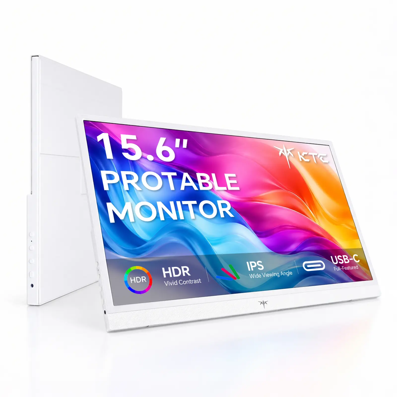 Ktc 15.6" FHD 1080P 60Hz IPS Portable White Monitor Slim Second Screen, HDR10, Built-in Speakers, HDMI/Type-C for Laptops, Gaming Consoles