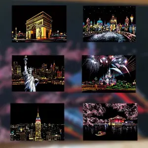 20*14cm DIY Night Scene Painting Scratch Colorful Drawing World Attractions Series For Child Adult Decompression Gift Home Decor