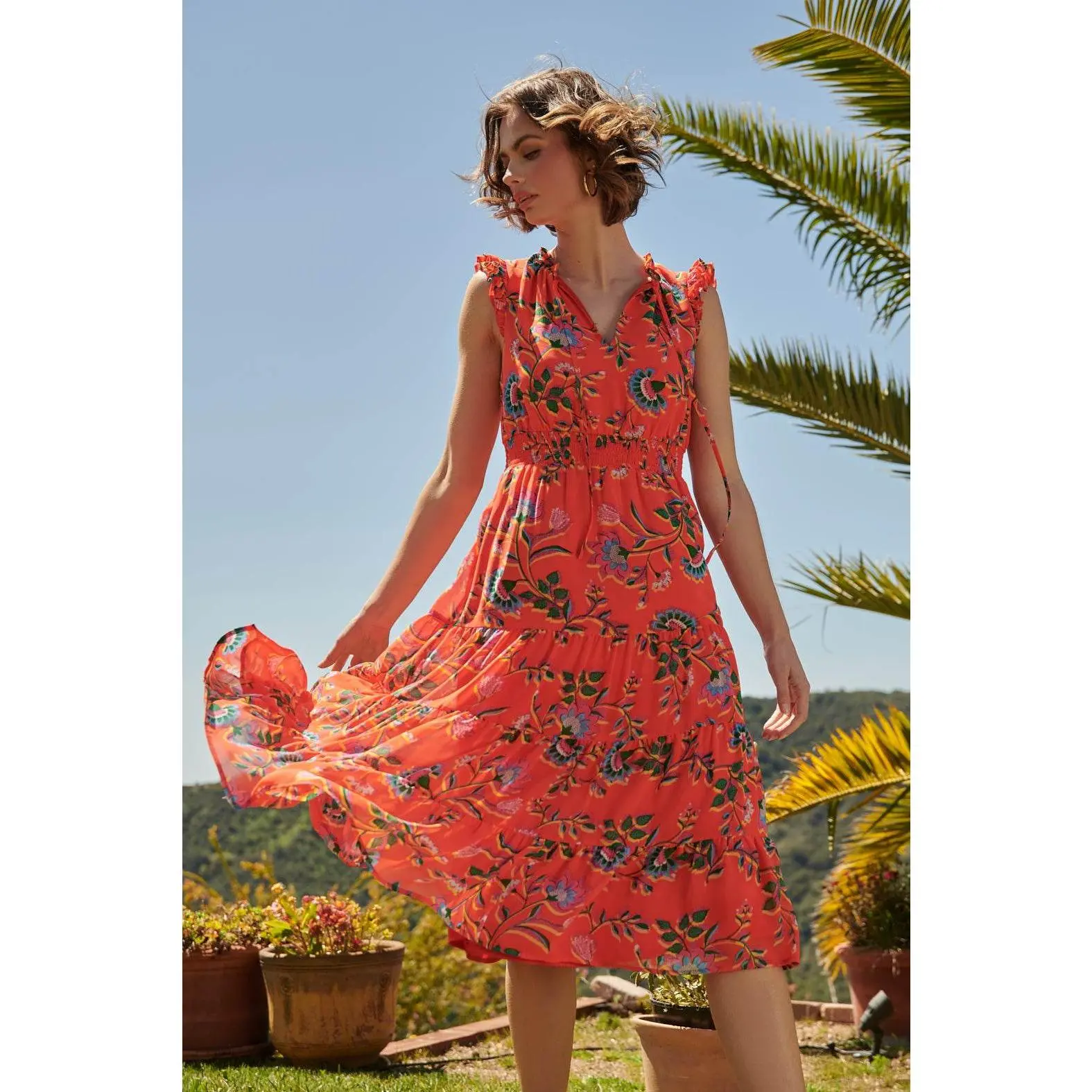Papaya Floral Pisces Smocked Midi Dress