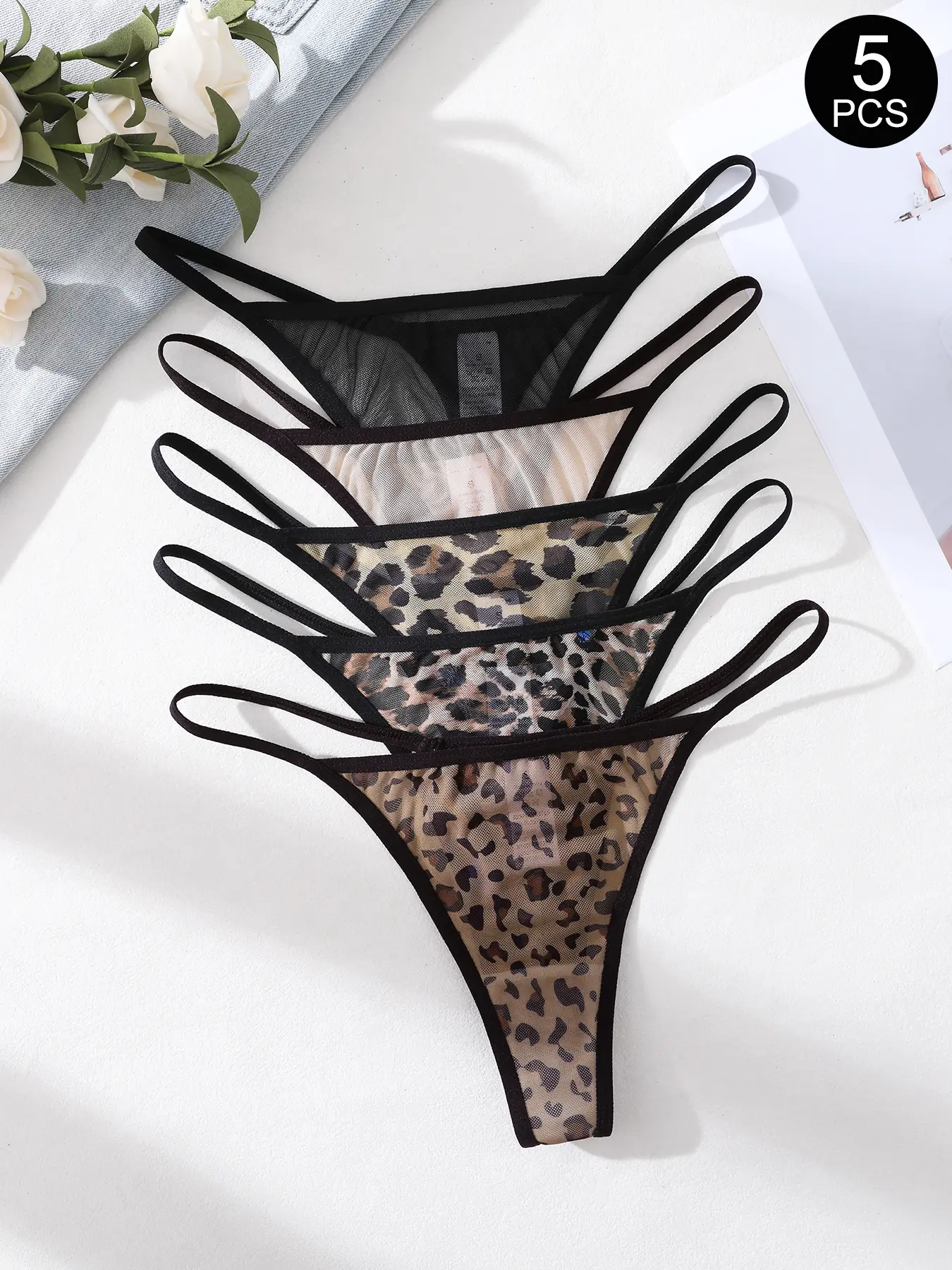 3/5/6/8/10/30 Pcs Valentine's Day Hipster Sexy Lace Comfortable Daily Leopard Print Low Waist Thong Panties, Slim-Fitting Drop Waist Bottoms Underwear