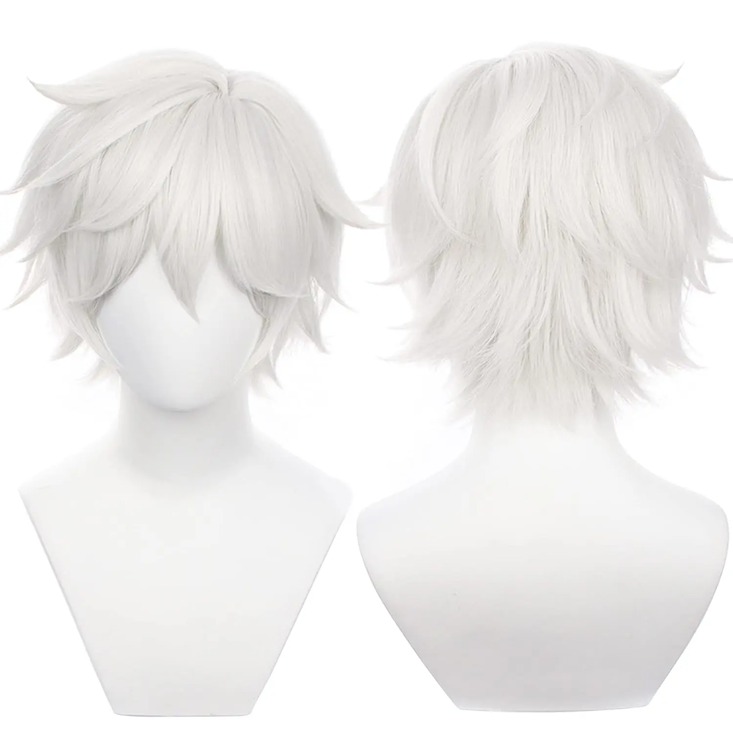 Maysuwell Synthetic Cosplay Costume Wig, 21-24 Inches Short Curly Gray White Anime Game Role Hairpiece, Heat Resistant Unisex Adult Option for Halloween Party