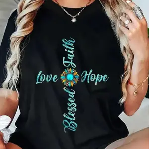 100%25 Cotton Unisex Jesus Faith Hope Love Sunflower Leopard Christian Women T-Shirt Christ Christian Tops