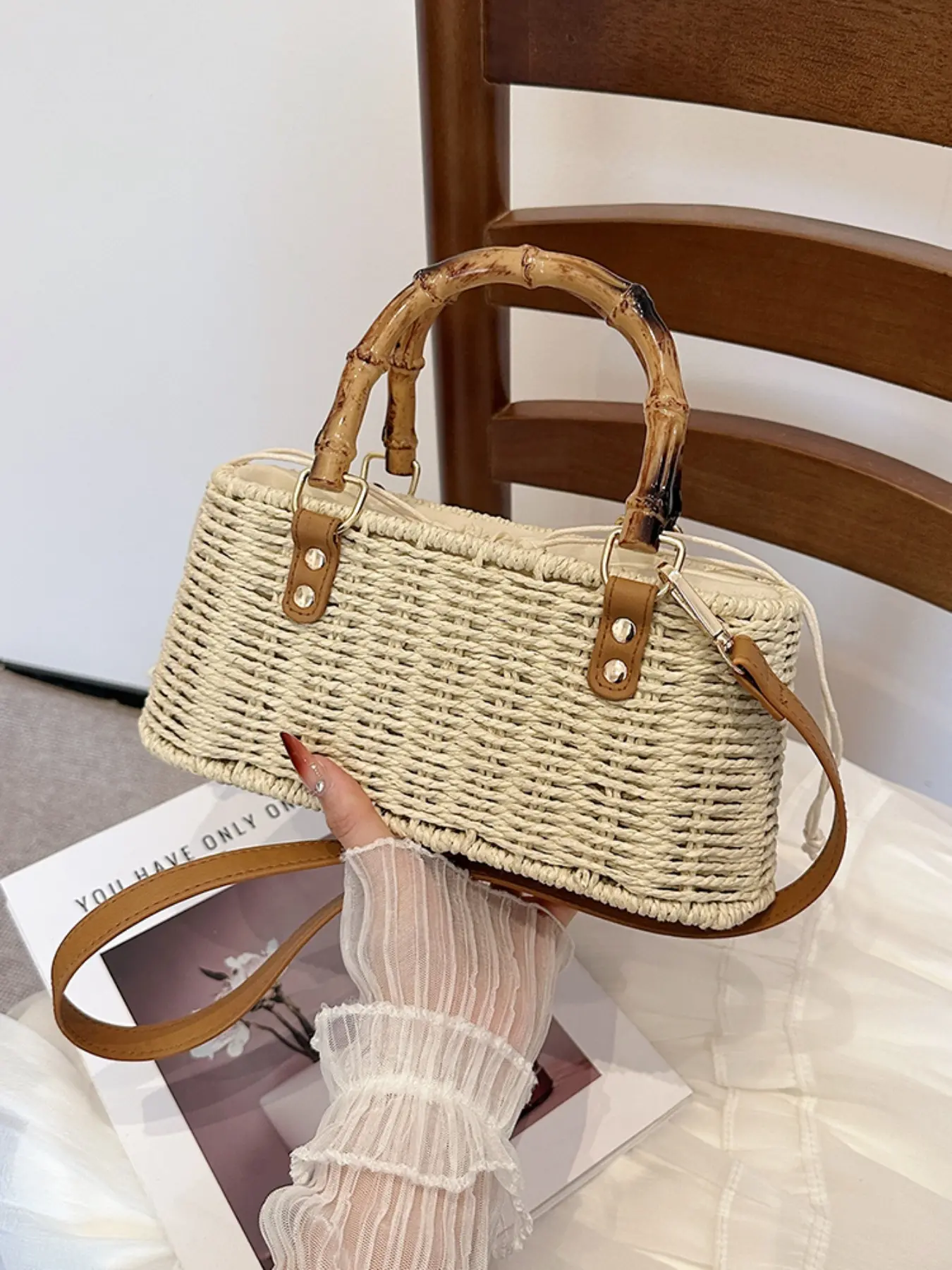 New Chinese Style Bamboo Handle Straw Tote Bag Handwoven Large Capacity Crossbody Boho Beach Bag for Women