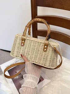 New Chinese Style Bamboo Handle Straw Tote Bag Handwoven Large Capacity Crossbody Boho Beach Bag for Women