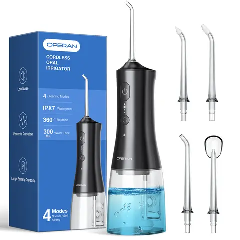 Operan C200/869 Plastic Cordless Water Dental Flosser - Portable Rechargeable USB Oral Irrigator, 300ML, IPX7 Waterproof, 360° Rotatable Multifunctional Tips for 360° Tonsil Clean, 4 Modes, Eco-Friendly Plaque Remover for Home&Travel, Braces Care Support