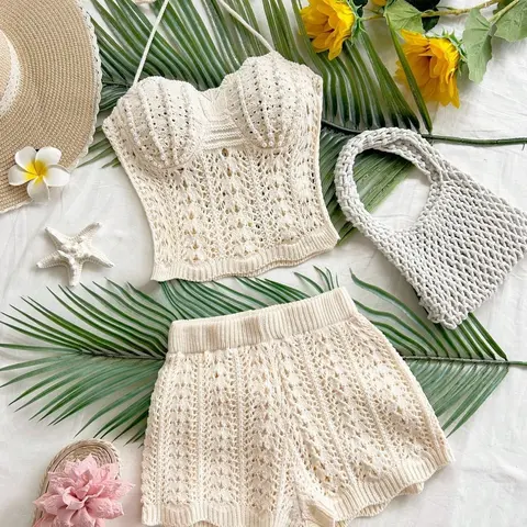 2026 Summer White Knit Two Piece Set For Women Halter Crochet Crop Top And Shorts Set Hollow Out Beach Outfit Vacation Matching Sets Boho Chic Casual Streetwear Y2K Co Ord