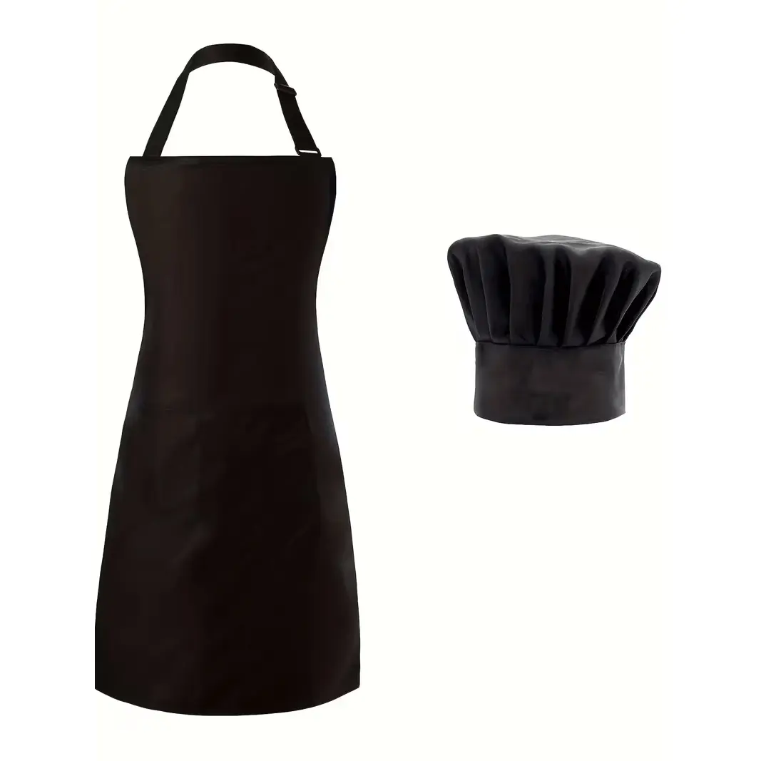 Adult Chef Apron and Hat Set, Adjustable Bib Kitchen Apron, Black or White Cooking Apron for Men and Women, Professional Chef Uniform for Baking, Restaurant, Cafe and Home Cooking