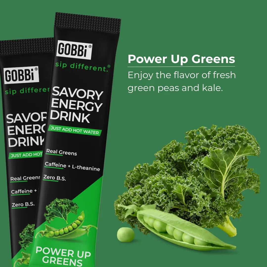 Gobbi Power Up Greens Energy Drink - Clean Green Boost with Caffeine & L-theanine, Real Green Peas & Kale, No Preservatives, On-the-Go Sticks