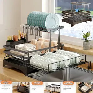 Foldable Over Dish Drying Rack with Utensil Box and Holder for 4 Cup Pull-Out 2-Tier Dish Drainer Kitchen Organizer for Small Kitchen Game Changer