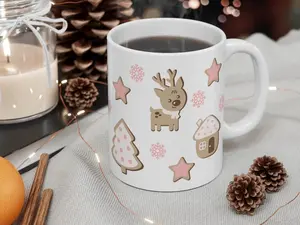 Christmas Reindeer Cookie Snowflake 11oz Mug, Coffee & Tea Cup, Foodie Sweet Gift, Dishwasher Safe Pink Gingerbread House Ceramic Drinkware