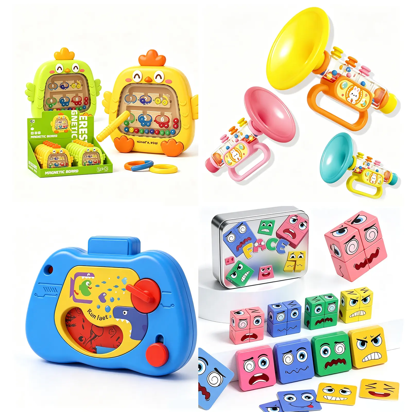 4Sets Multi-Styles Toddler Educational Sensory Toy Set, Fine Motor Skill Busy Board, Kids Musical Horn Toy, Face Changing Expression Puzzle Blocks, Early Learning Travel Game Gift for Kids 1-3 Years Old