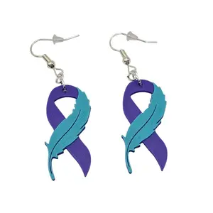 Feather Purple & Teal Awareness Ribbon Earrings 3D Printed Hypoallergenic Nickel-Free Hooks for Suicide Prevention & Sexual Assault Support