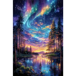 1PCS Diamond Painting Kit Starry Night Sky with Northern Lights Forest River Scenery DIY Rhinestone Art