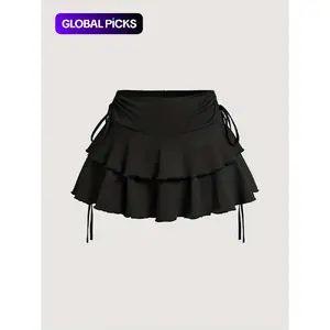 Women's Solid Lettuce Trim Tiered Layer Ruffle Hem Fitted Skirt, Elegant Tie Side Mini Casual Skirt, Women's Bottoms for Daily Wear, Womenswear Feminine, Fitted Cut Skirt