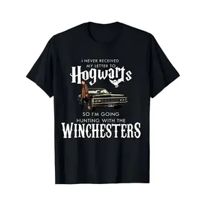 Black T Shirt With Hogwarts And Winchesters Hunting Graphic For Fans Of Harry Potter And Supernatural Tv Series Casual Wear For Men And Women