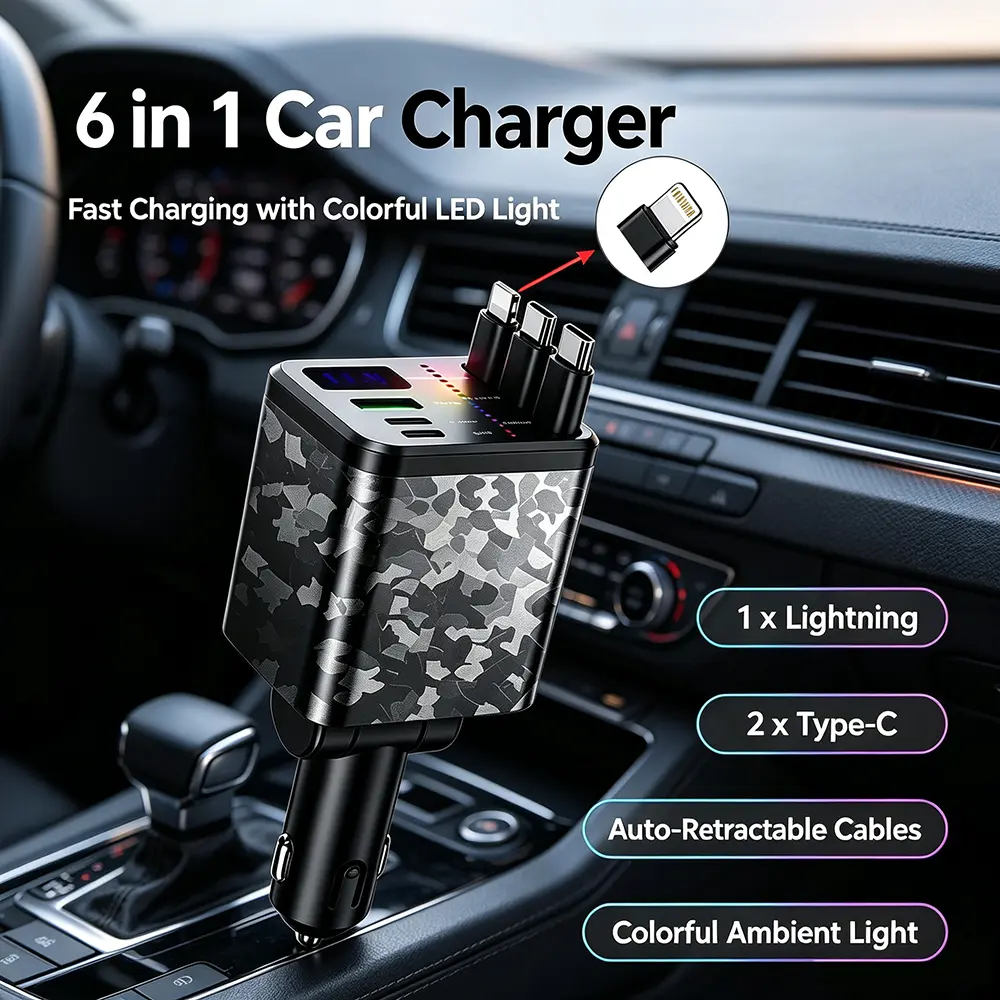 TIISIFANG 100W 6-in-1 Retractable Universal Car Charger Adapter - Portable 4-Port USB Type-A Fast Charging Device with 3 Retractable Cables, LED Voltage Check Display, Durable Space-Saving for 12V/24V iPhones, SUVs