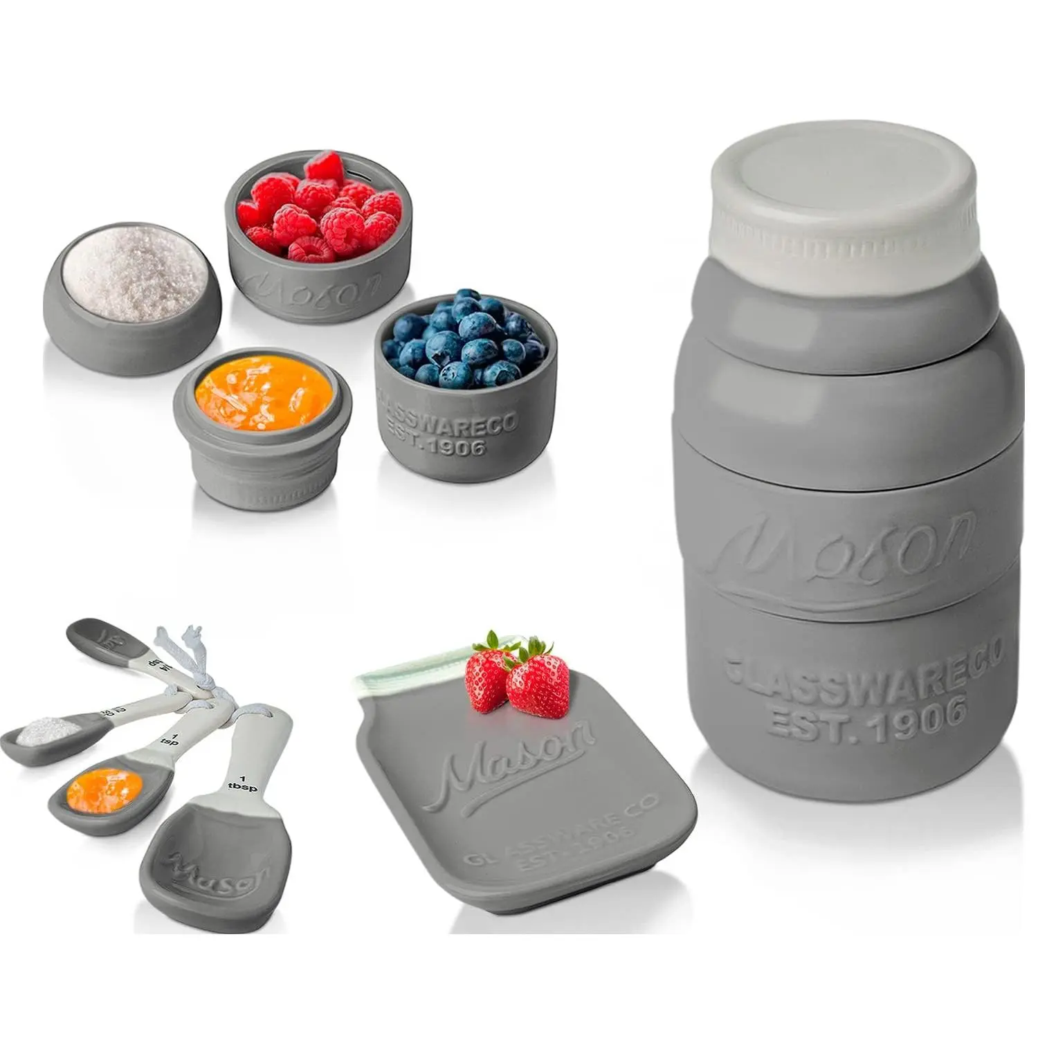 Vintage Mason Jar Kitchenware Set - Multi-piece Kitchen Ceramic Decor W/4 Measuring Cups  4 Spoons Spoon Rest And Attractive Style Gray
