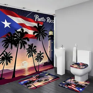 1/4 PC Puerto Rico Summer Unique Elegant Polyester Cloth With 12 Hooks Shower Curtain For Bathrooms Waterproof Quick Drying Machine Washable Home Bathroom Decor Shower Curtain Sets for Bathroom