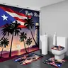 4PC Puerto Rico Flag Beach Scene Display Shower Curtain Set - Bathroom Decoration Accessories with 12 Hooks, U-Shaped Floor Mat, Toilet Seat Cover, Quick-Drying, Machine-Washable, Durable, Long-Lasting Home Bathroom Supplies