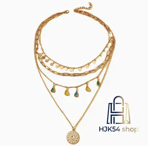 Boho Layered Gold Necklace Set - Multilayer Stacked Choker with Colorful Crystal Charms & Sun Disc Pendant, Trendy Aesthetic Jewelry for Women Daily/Party Wear