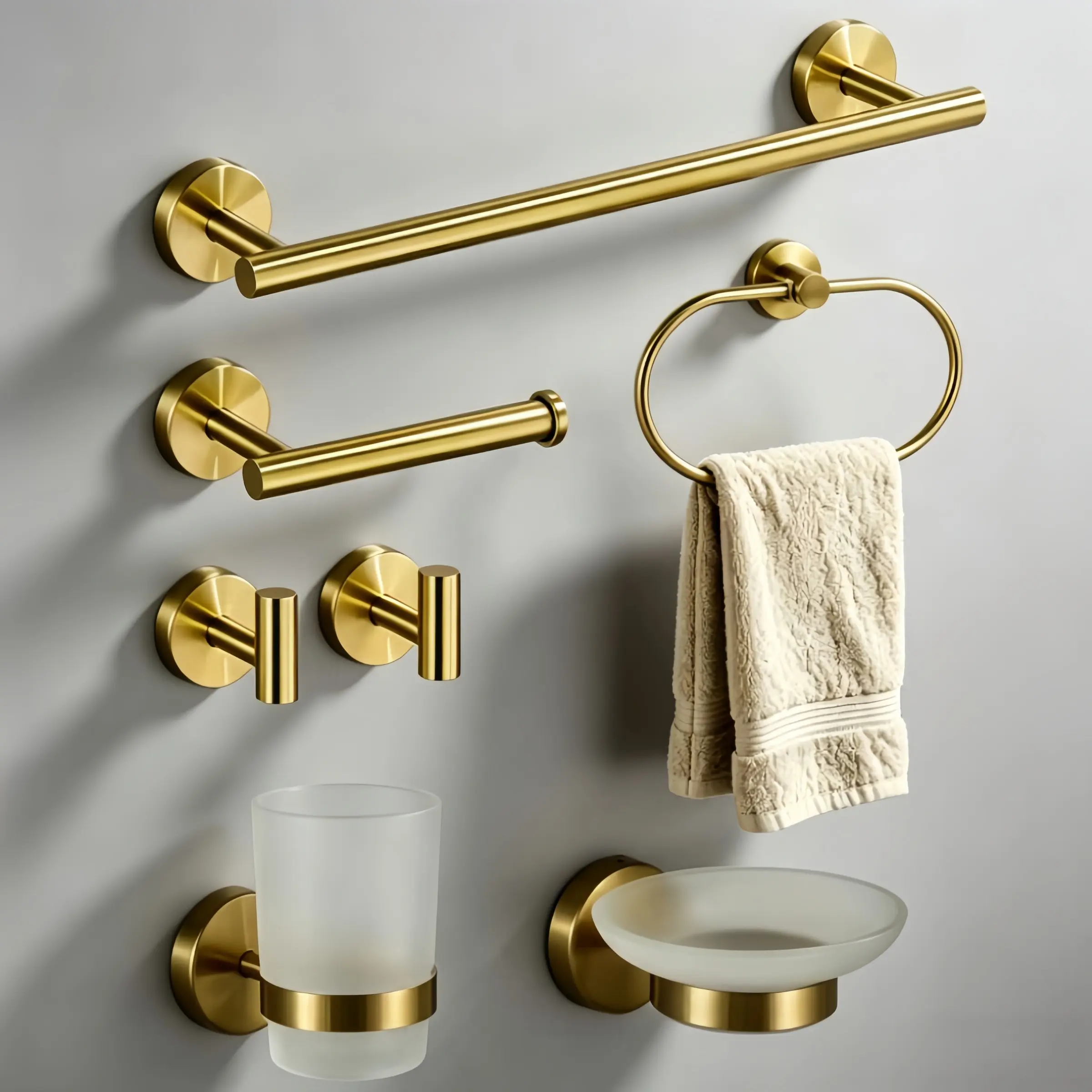 Bathroom Storage Set, Modern Decorative Stainless Steel Towel Ring, Multiple Hooks, Toilet Paper Holder, Robe Hook, Soap Dish, Toothbrush Cup, Home Bathroom Sets
