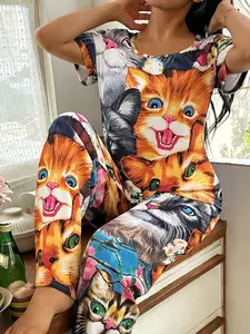 Women's Cute Animal Cat Pattern Pajama Set, Comfortable Sleepwear, Loungewear, Casual Short Sleeve T-Shirt and Elastic Loose Pants, Ideal Gift Choice