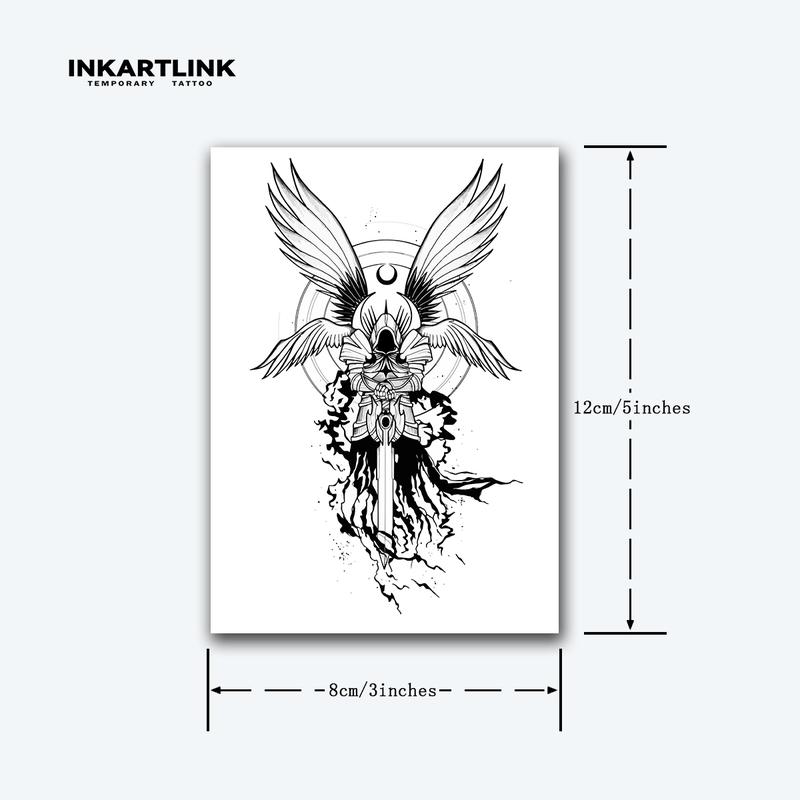 INKARTLINK Tattoo Tech, 2 Sheets Medium Semi Permanent Tattoo, Adult Art Design Temporary Tattoos, Lasts 1-2 Weeks, Waterproof, Realistic Look, No Adhesive, No Reflection (Four-winged Angel Design)