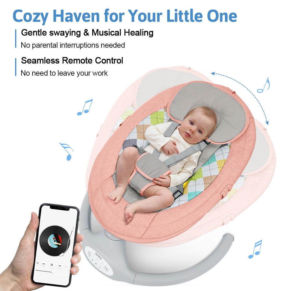 COMOMY Baby Swing for Infants with 5 Natural Sway Speeds, Portable Bt Music Baby Swing with Remote Control & 5-Point Harness, Hands-Free Baby Soother, Lightweight Baby Rocker for 5-20 Lb, 0-6 Months, Pink, Valentine's Day
