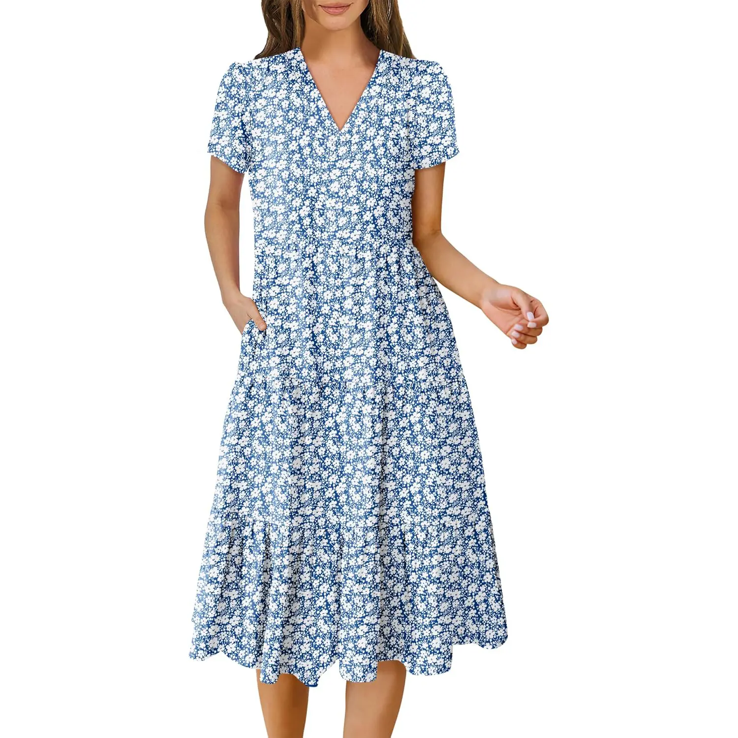 ANRABESS Women's Summer Casual Short Sleeve V Neck Midi Dresses 2026 Spring Flowy A-line Tiered T Shirts Boho Beach Dress  Loose Sundress