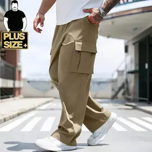 [Plus Size] Men's Cargo Pants with Flap Pockets – Loose Fit Baggy Trousers, Drawstring Waist, Casual Streetwear for Big & Tall Men, Black/Khaki (2XL-6XL)