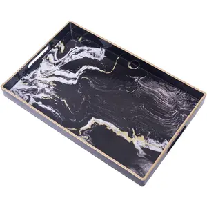 Decorative Tray, Plastic Marbling Tray with Handles, Rectangular Coffee Table Trays for Ottoman, Bathroom, 15.7" x 10.2", Black