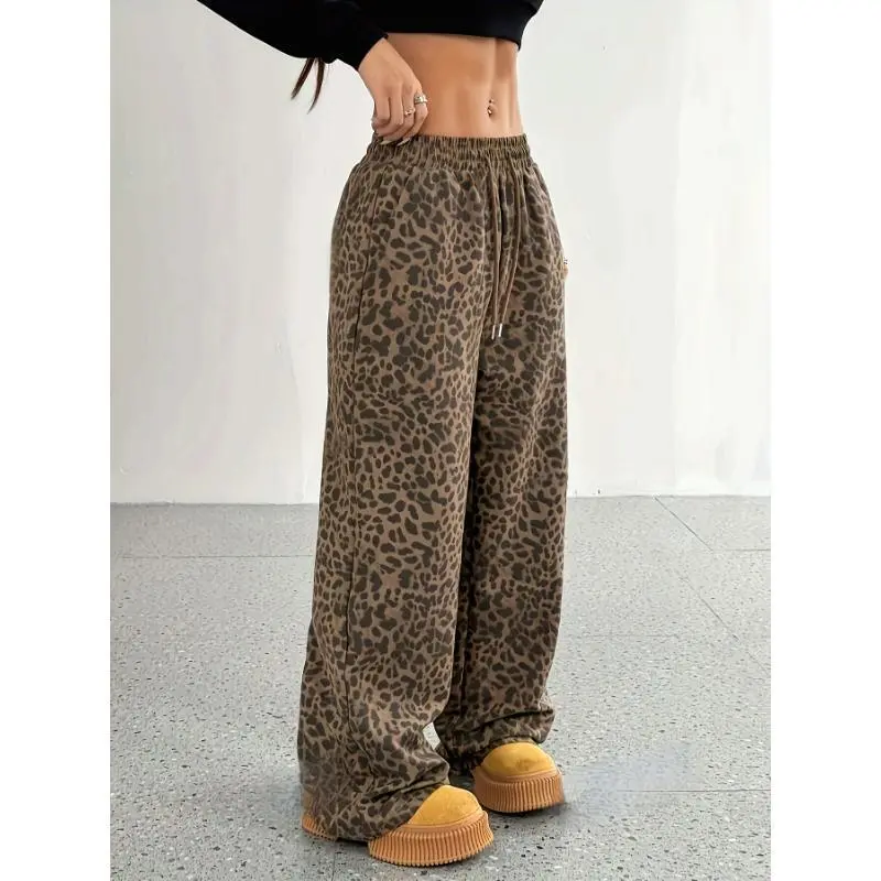 Women's Leopard Print Comfy Wide Leg Fold Over High Waisted Barrel Pants with Pockets, Drawstring Lounge Trousers for Women's Clothing, Cheetah Print, Comfy Pants, Wide Leg Fold Over Pants, Loose Fit Pants