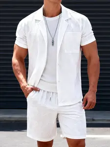 Men's White Textured 2-Piece Casual Loungewear, Homewear Set - Short-Sleeve Lapel Button-Down Shirt with Chest Pocket + Elastic Drawstring Waist Shorts, Lightweight Breathable Fabric, Minimalist Style, Perfect for At-Home Lounging