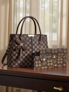 Ladies' handbag printed, Fashionable patterned bag, Casual Trendy Purse, large capacity, flower decoration pendant design, checkered printed set, three piece set, birthday, Christmas, Valentine's Day, Mother's Day gifts