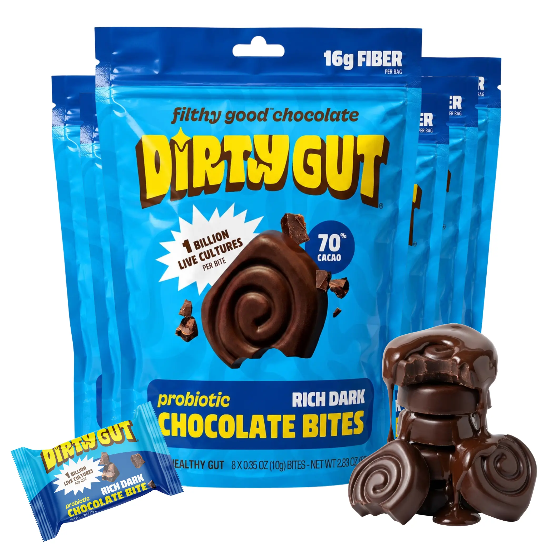 Rich Dark (6 Bags) - DIRTY GUT Probiotic Chocolate Bites - Gut Friendly, Sweet Treat, High in Fiber
