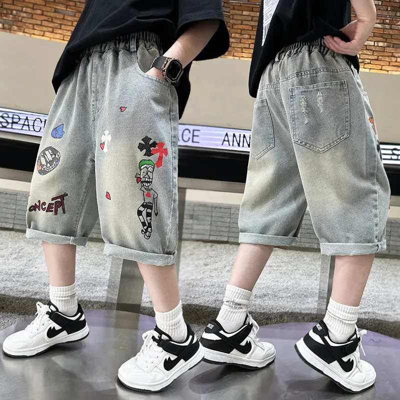 2026 Summer New Boys' Loose-Fitting Washed Denim Shorts - 7-8y,9-10y,11-12y,13-14y Older Children, Trendy Street Style, Student Outings, Versatile Stylish Kids' Bottoms