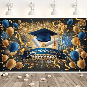 Custom Graduation Party Backdrop Background Cloth Tapestry Wall Hanging Decor Navy Blue and Gold Congrats Design Balloons Fireworks Graduation Cap Personalized Name Option Graduation Party Decoration Home Celebration