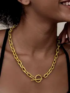 Chunky Gold Necklace for Women Sweatproof, Non Tarnish Chunky Cross Necklaces Thick Gold Layering Hammered Bold Necklace Stacks Toggle Necklaces for Women