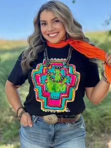 Texas True Threads Callie Ann Stetler Aztec with Cacti Tee, Solid, Colorful