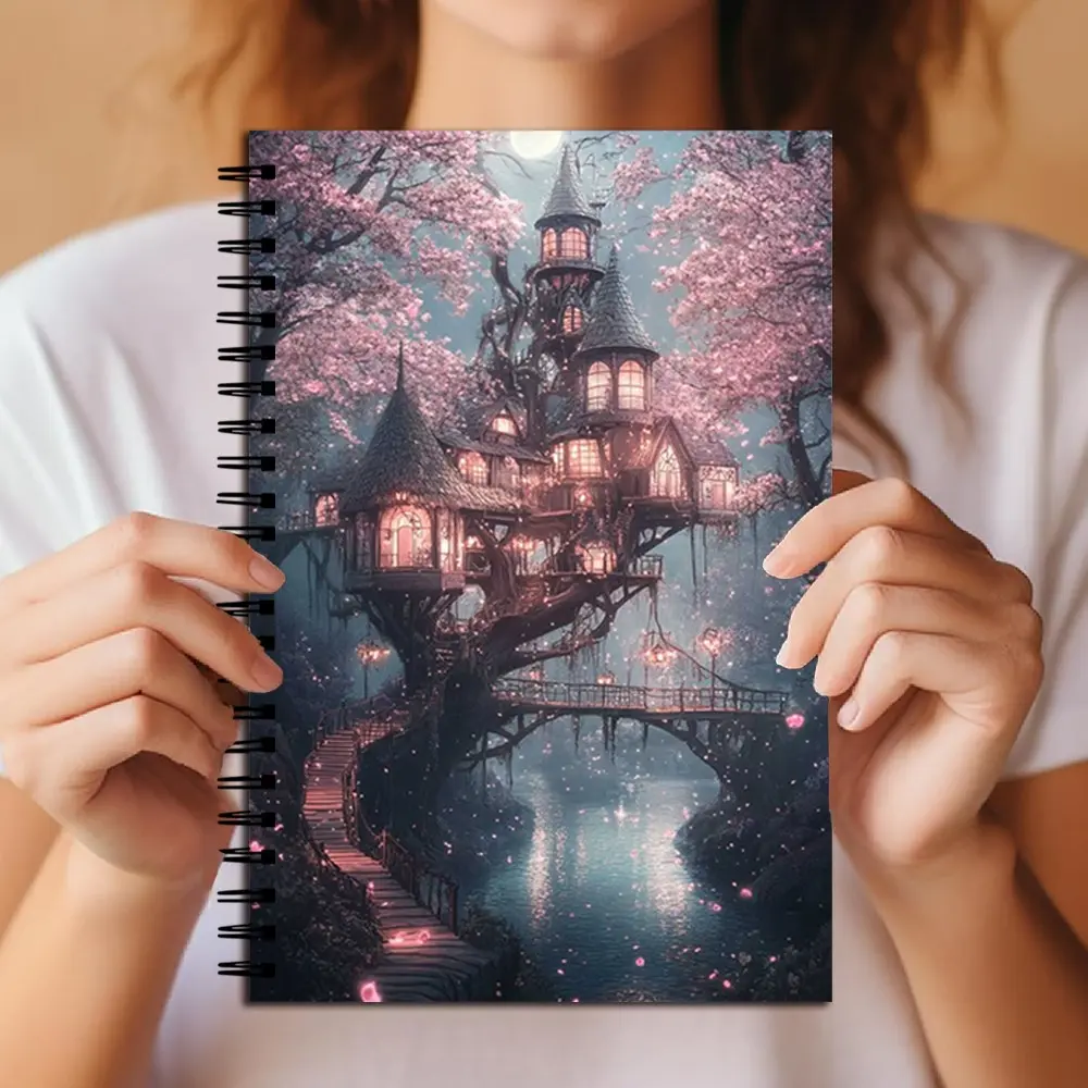 Magical Cherry Blossom Treehouse Spiral Notebook, Aesthetic Enchanted Forest Journal, Ideal for Writing, Sketching & Notes, Suitable for Teens & Creatives