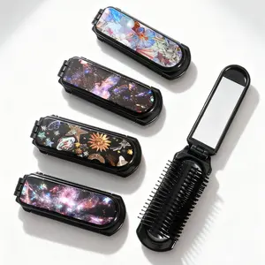 Foldable Comb with Small Mirror, Pocket Hair Brush, Travel Comb, Abstract Colorful Flowers Stars Moon Pattern, Dark Style, Portable Bag Comb, Hair Styling Combs