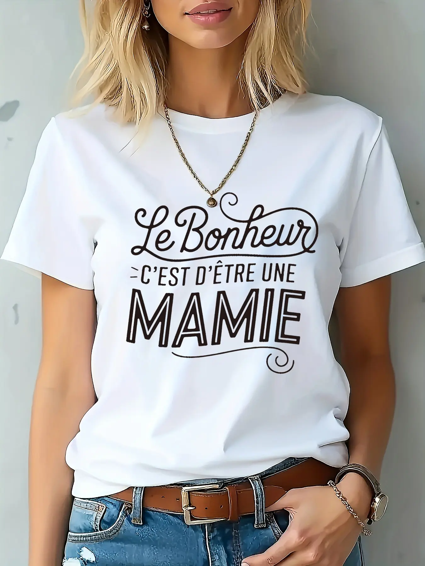 French Print T-Shirt for Women, Casual Short Sleeve Round Neck Tee, Spring Summer Daily Wear, Perfect Gift for Holidays, Ladies Fashion