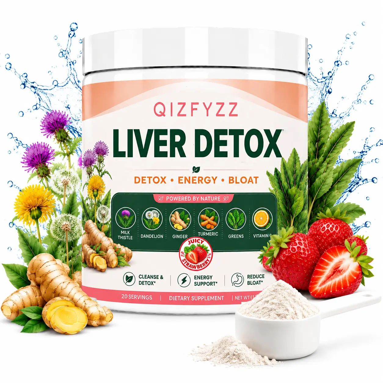 Liver Detox Support Drink with Milk Thistle, Dandelion, Ginger & Turmeric — Plant-Based Liver Support Formula with Vitamin C — Peach Strawberry Flavor — 20 Servings for Energy & Bloat Support