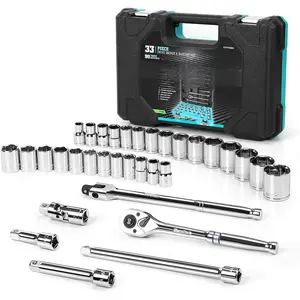 1/2" Drive Socket Set, 33-, Including Metric/SAE Sockets, 1/2-Inch Ratchet, Breaker Bar and Socket Adapters