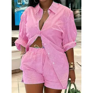 Plus Size Striped Printed Button-Front Shirt and Elastic Waist Shorts Set, Casual Off-Shoulder Long-Sleeve Top and Pocket Shorts, Women’s Spring and Autumn Outfit, Matching Clothing Set GARMENTARY