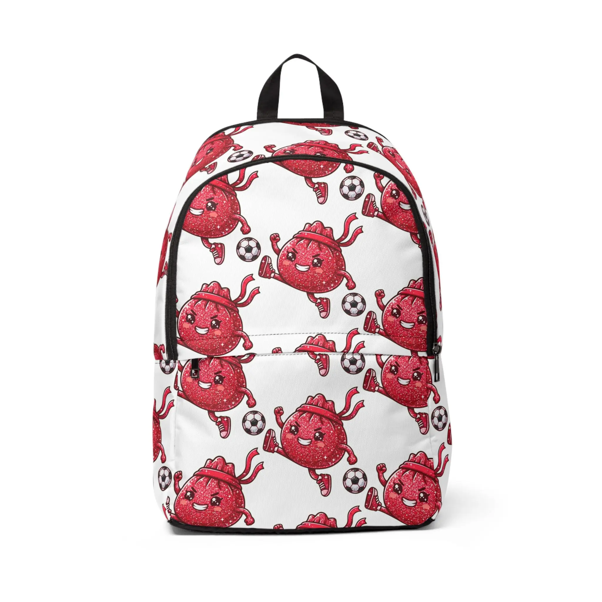 Heart Soccer Backpack - Unisex Casual School Bag with Cute Red Heart Mascot Pattern, Durable Fabric, Secure Zipper