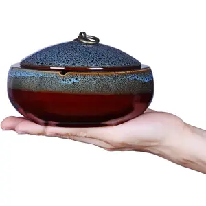 Ceramic Windproof Ashtray with Lid, 5.2" Blue Ash Holder for Smokers, Indoor/Outdoor Home Office Desktop Decor (Home Supplies)