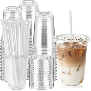 50 Set - 16 oz Clear Plastic Cups with Lids and Straws, Sturdy & Food Safe Iced Coffee Cups with lids, Disposable Plastic Smoothie Cups for Cold Drinks